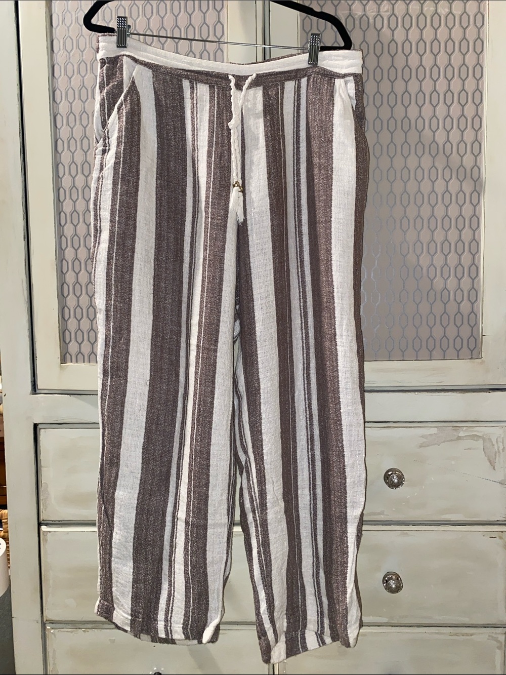Soft Surroundings White and Brown Wide Leg Striped Pants